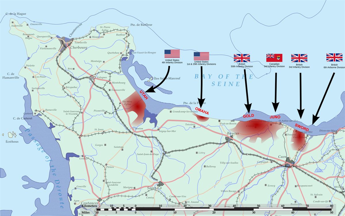 Kart over landgangsområdet i Normandie 6. juni 1944 med de fem strendene Utah, Omaha, Gold, Juno og Sword